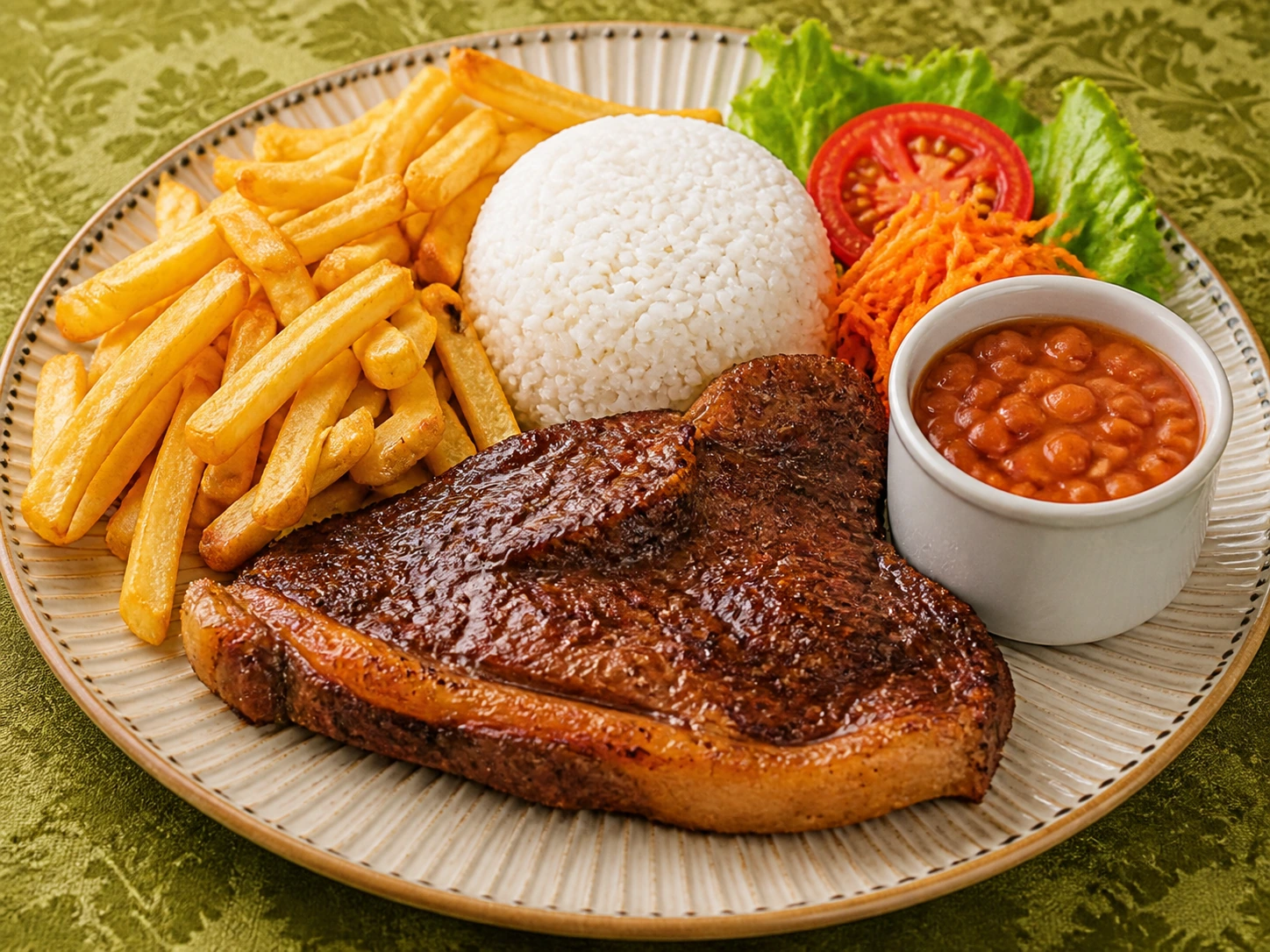 Executivo de picanha com arroz, feijão, fritas e salada