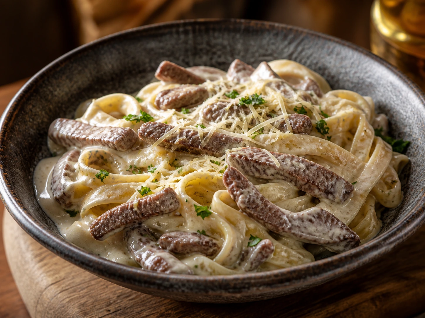 Massa ao molho branco com tiras de filé mignon