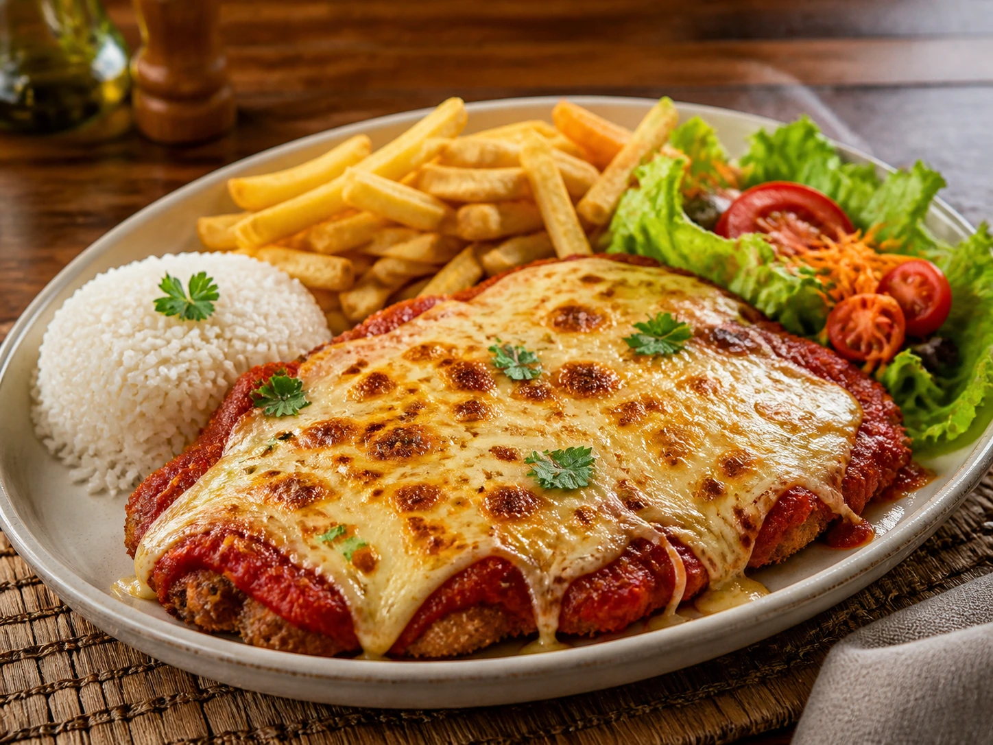 Parmegiana com molho de tomate, queijo, arroz, batata frita e salada