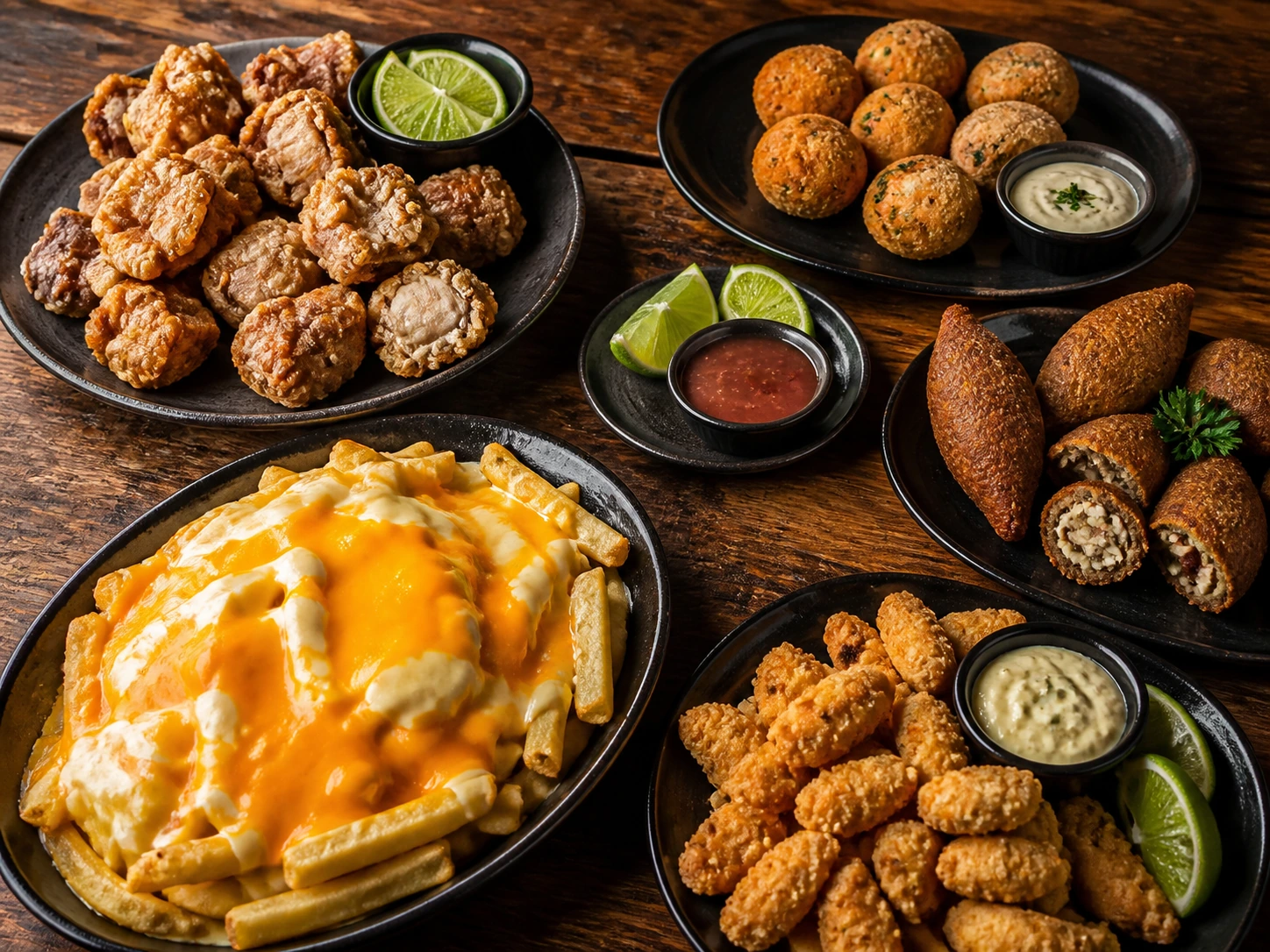 Mesa com porções de torresmo, quibe, bolinho, iscas e batata frita